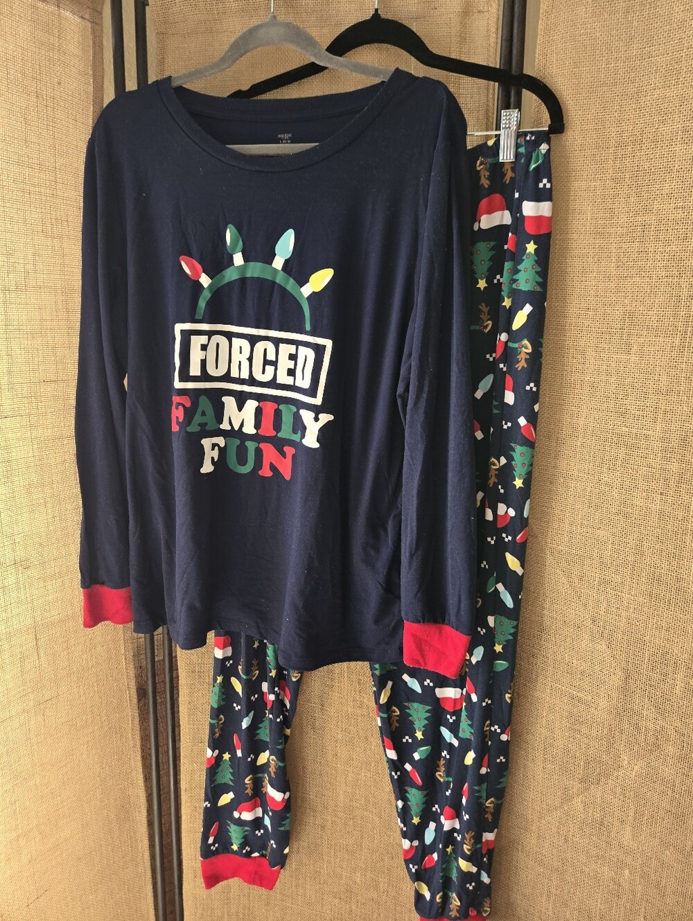 Unisex Holiday Time Forced Family Fun Holiday Pajama Set with Red Cuffs Large